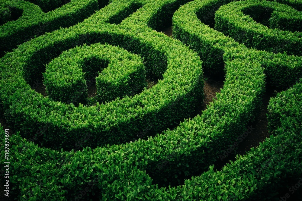 Intricate green shrubbery forms swirling maze pattern. Intricate green shrubbery forms swirling maze pattern.