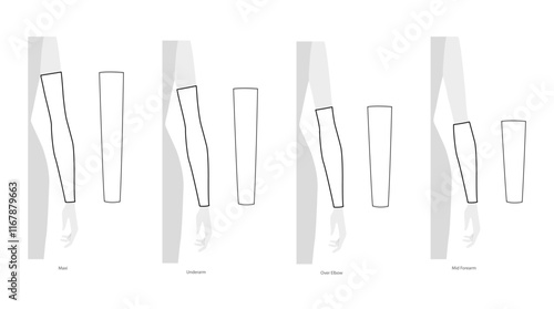 Set of arm sleeves Gloves Fashion hand accessory clothing technical illustration garment. Vector side front view for Men, women unisex style flat template CAD mockup sketch outline on white background
