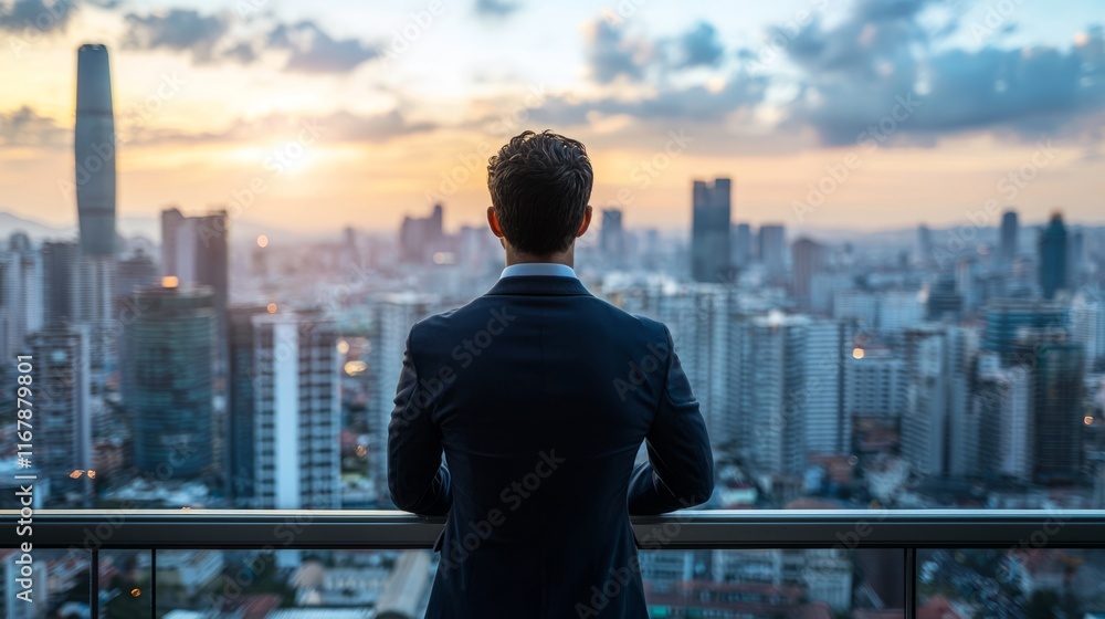 Businessman Overlooking City at Sunset Businessman Overlooking City at Sunset