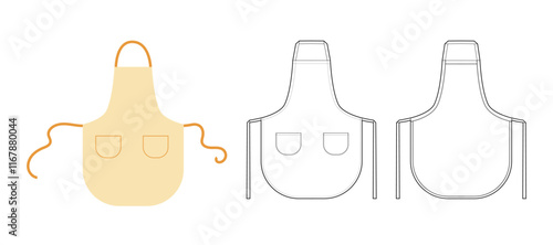 Set of Bib Aprons Scalloped technical fashion illustration. Chef uniform for cooking beige cartoon Flat sketch outline apparel template front, back view. Women, men unisex CAD mockup isolated on white