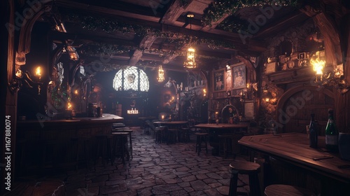 Enchanted Tavern Tales: Adventurers Sharing Exploits in Stormy Night Ambiance - 3D Render Digital Artwork with Ultra-Detailed Wooden Interior, Warm Light, Laughter, and Camaraderie photo