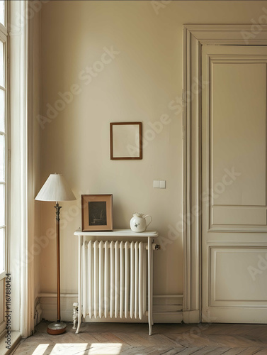 A white metallike ceramic disinfection arts and crafts radiator in the corner of an empty living room with light beige walls a warm lighting atmosphere a small photo photo