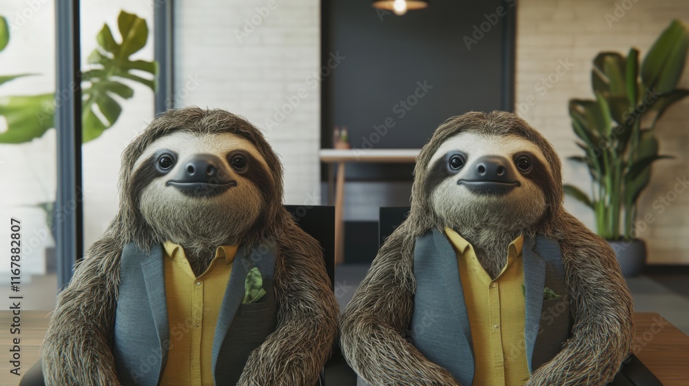 Fototapeta premium Two Sloths in Suits: A Hilarious Business Meeting in an Office Setting