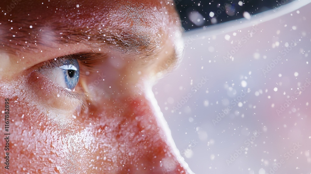 Fototapeta premium Focused Pitcher Ready to Strike - Intense Facial Expression with Sweat Droplets in Baseball Game