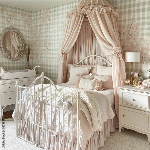 A romantic farmhousestyle nursery The focal point is the white iron bed with rounded details on the backrest The bed is covered with a light pink bedspread textured photo