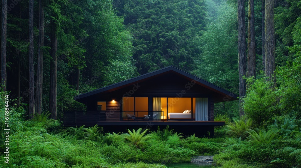 Cozy modern cabin nestled in a lush forest landscape. Cozy modern cabin nestled in a lush forest landscape.