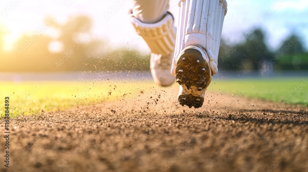 Obraz premium Energetic Cricket Player Running between Wickets on Vibrant Green Field - Capturing the Urgency of the Game with Ultra-Detailed Shot