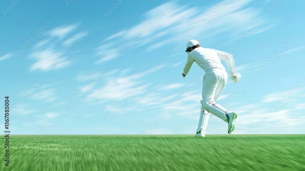 Strike with Precision: Intense Bowling Stride in Cricket Match on Grass Field Strike with Precision: Intense Bowling Stride in Cricket Match on Grass Field