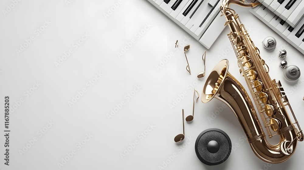 Naklejka premium Golden Saxophone Keyboard Music Notes Speaker