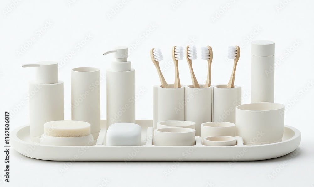 Minimalist bathroom organizer set, white, clean background, spa-like feel Minimalist bathroom organizer set, white, clean background, spa-like feel