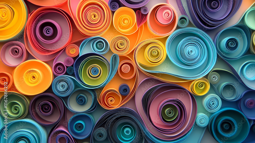 Vibrant quilled paper art displaying an array of colors in rolled spiral designs. Quillwork. Illustration Vibrant quilled paper art displaying an array of colors in rolled spiral designs. Quillwork. Illustration