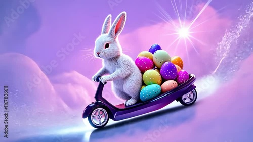 White bunny on scooter with colorful easter eggs on purple background, celebrating easter fun with vibrant colors and spring joy - concept of festive easter celebration