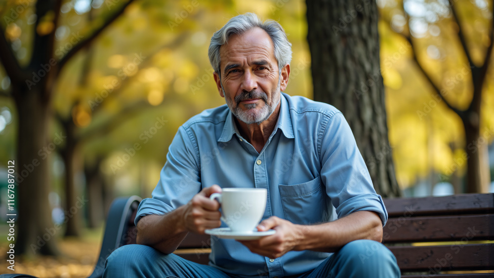 a man with slight tremor holding a cup of coffee on a park bench, symbolizing the struggle with Parkinson's disease in a calm natural setting. a man with slight tremor holding a cup of coffee on a park bench, symbolizing the struggle with Parkinson's disease in a calm natural setting.