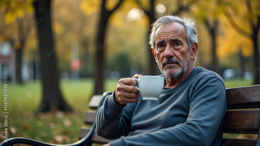 a man with slight tremor holding a cup of coffee on a park bench, symbolizing the struggle with Parkinson's disease in a calm natural setting. a man with slight tremor holding a cup of coffee on a park bench, symbolizing the struggle with Parkinson's disease in a calm natural setting.