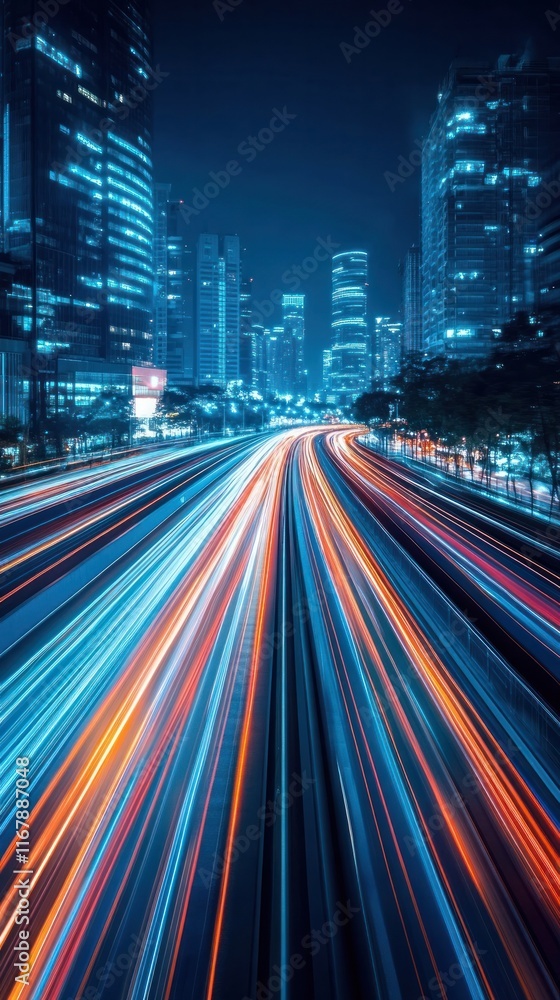 Fototapeta premium Vibrant nighttime cityscape with glowing skyscrapers and blurred traffic trails Busy financial and commercial district illuminated by colorful lights