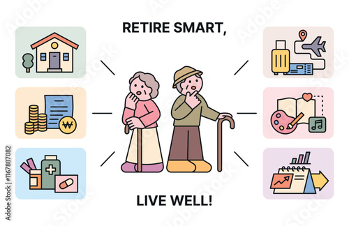 Items to prepare for retirement for a second life. Characters of a worried grandmother and grandfather. Cuttiny character with outline.