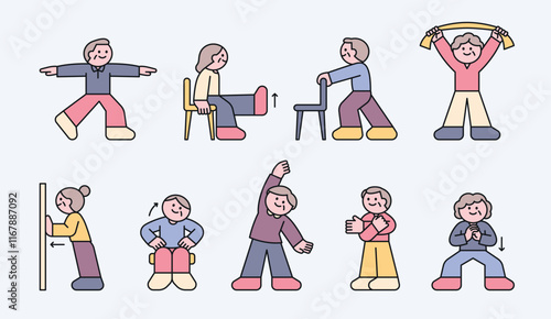 Senior characters are exercising for a healthy life. Cuttiny character with outline.