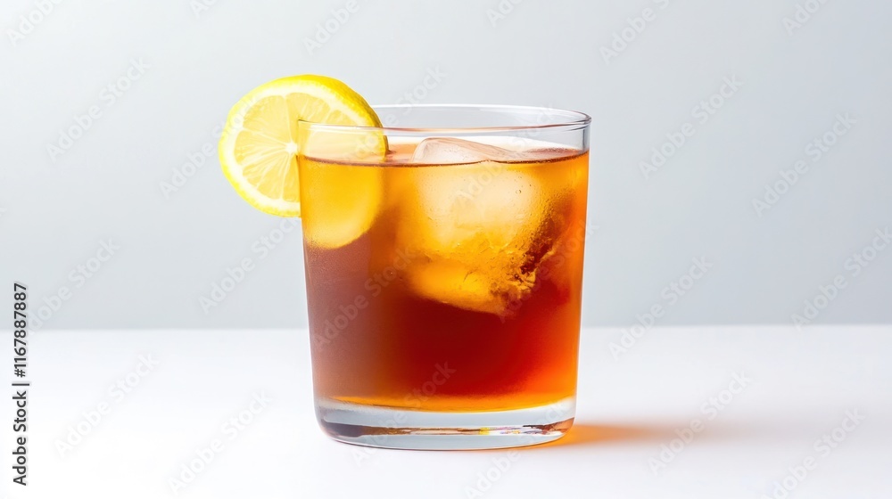 A refreshing iced tea drink with lemon and ice cubes.