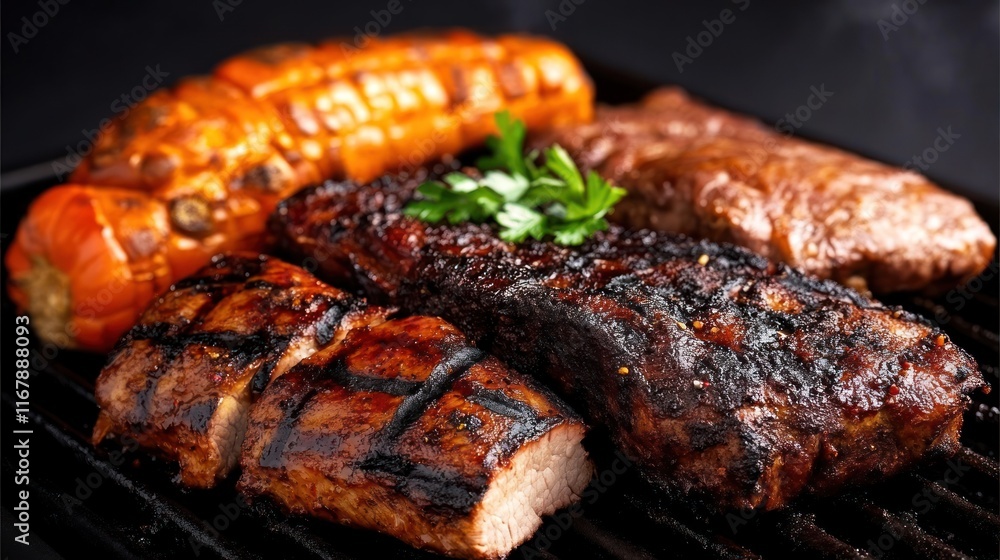 Grilled meats and vegetables on a barbecue grill. Grilled meats and vegetables on a barbecue grill.