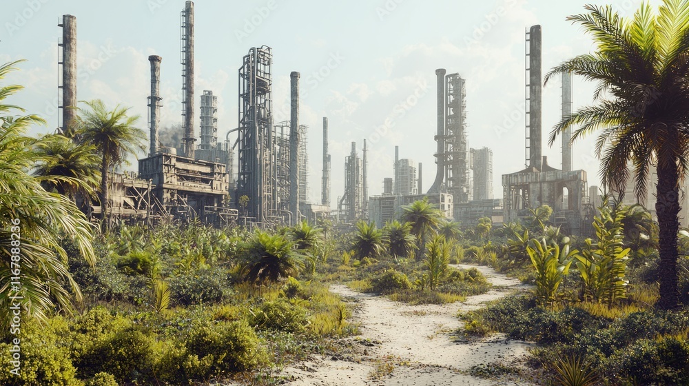 Fototapeta premium Post-Apocalyptic Cyberpunk Dystopia: Industrial Ruins and Nature Reclaiming the Land in Ultra-Detailed 3D Render Illustration