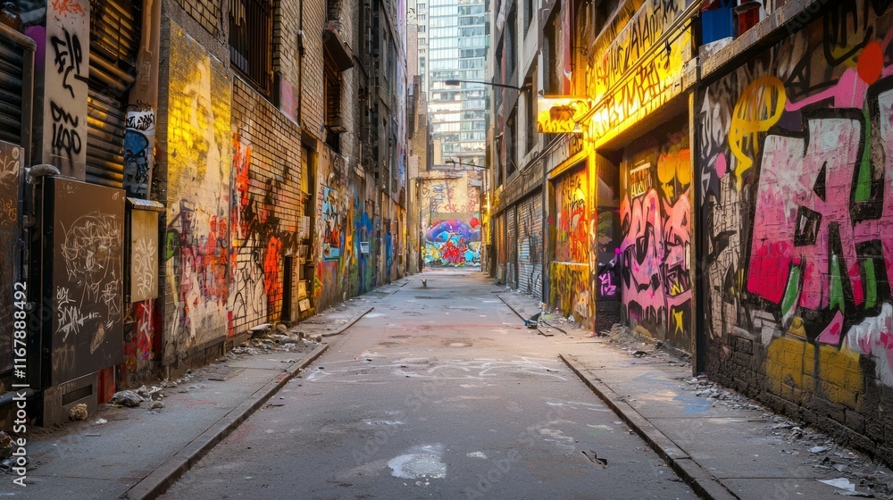 Naklejka premium Neon Cyberpunk Dystopia: Vibrant Graffiti Alley Expressing Societal Critique in 3D Render Illustration