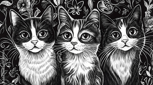Illustration of self-satisfied cats in black and white quillwork. Quillwork. Illustration