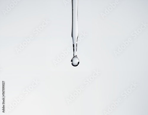 A single water droplet hanging from a pipette against a white background.
