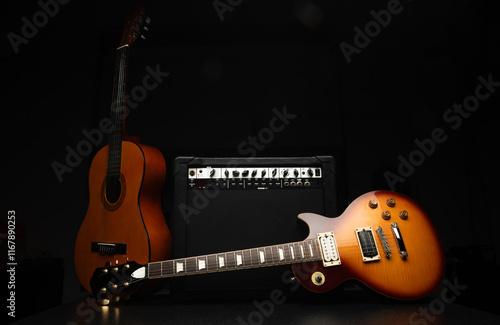 Fototapeta two guitars and amplifier for background music intro flyer banner postcard ticke
