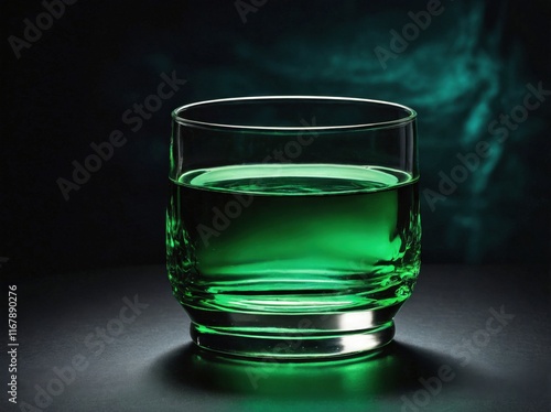 A sleek absinthe glass filled with the iconic green liquid, resting on a dark, polished black surface. photo