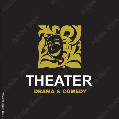golden icon of comedy and tragedy theatrical masks isolated on black background