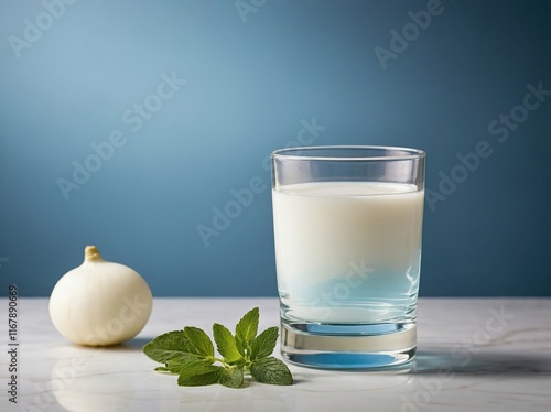 A small, clear glass of arak filled with its characteristic milky-white liquid, placed on a smooth white marble surface. photo