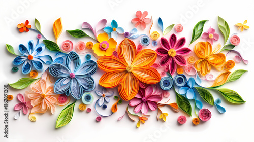 Colorful paper quilled flowers on a white background. creative art design with floral shapes. perfect for craft and diy projects. Quillwork. Illustration