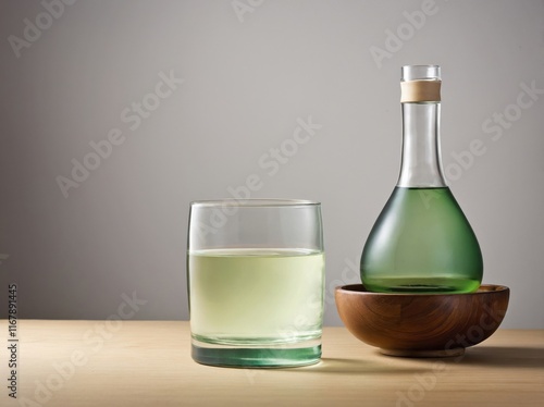 A clear glass of soju placed on a light wooden surface.