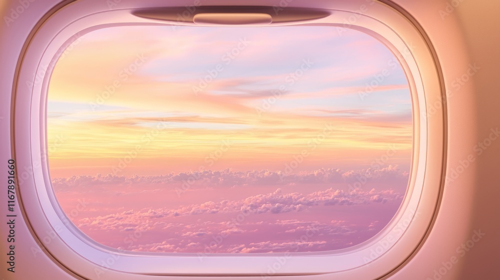 Majestic Sunset Skyline: Aerial View from Airplane Window with Vibrant Clouds in Warm Hues - Concept of Wonder and Anticipation. Majestic Sunset Skyline: Aerial View from Airplane Window with Vibrant Clouds in Warm Hues - Concept of Wonder and Anticipation.