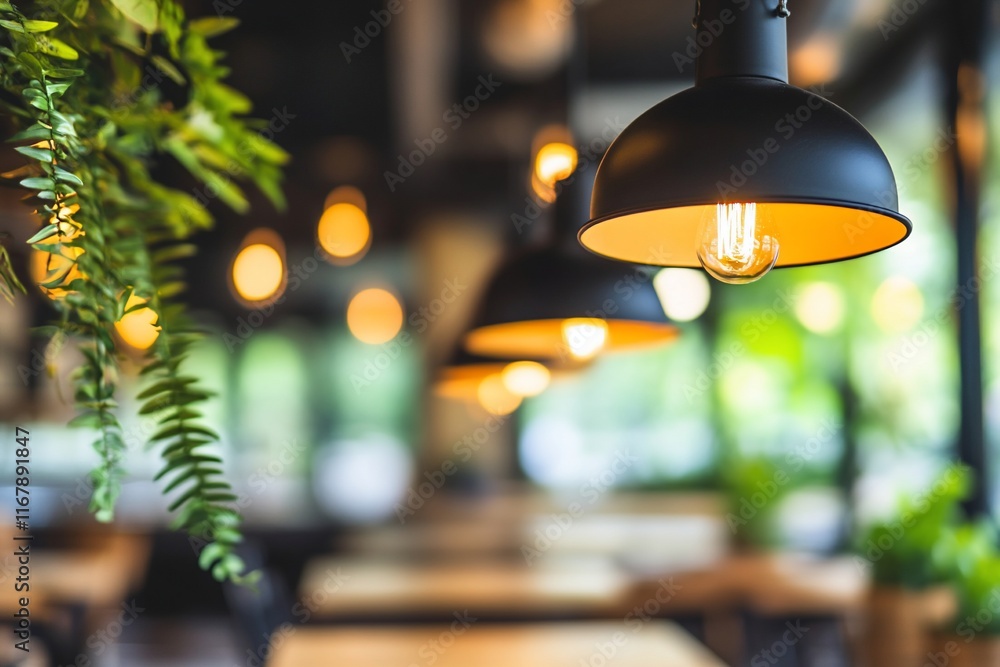 Restaurant interior, pendant lights, plants, blurred background, cozy atmosphere Restaurant interior, pendant lights, plants, blurred background, cozy atmosphere