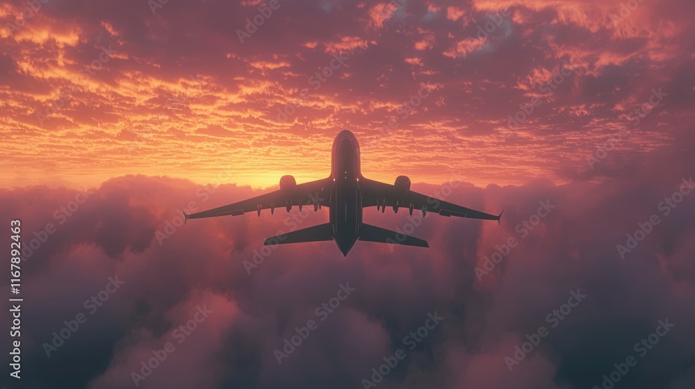 Thrilling Sunset Takeoff: Awe-Inspiring Aerial View of Large Commercial Airplane Against Fiery Clouds Thrilling Sunset Takeoff: Awe-Inspiring Aerial View of Large Commercial Airplane Against Fiery Clouds