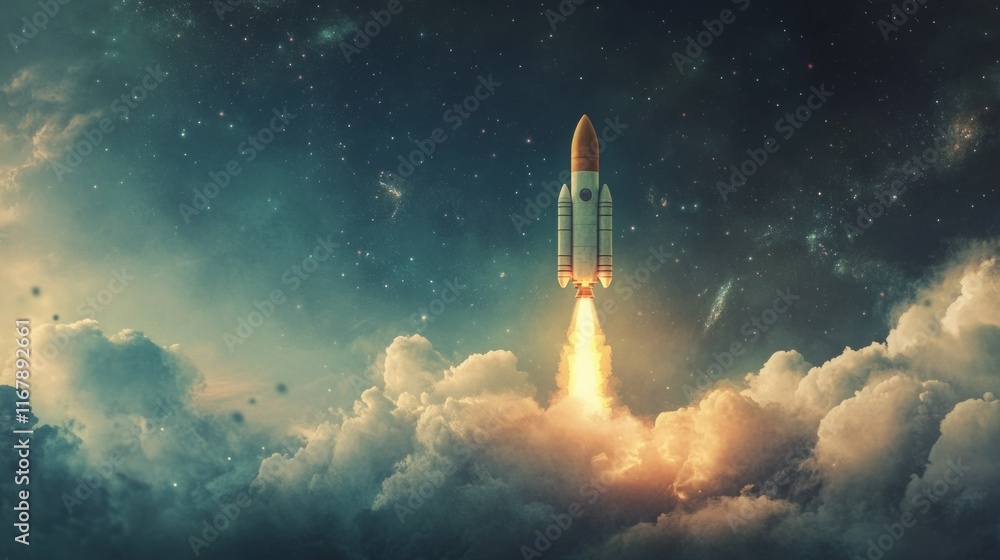 Fototapeta premium Rocket launch into the night sky. A journey to the stars.