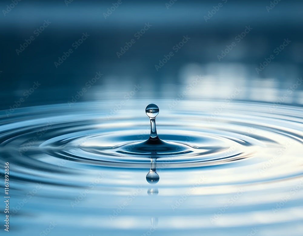 A single water droplet impacts a still surface of water, creating concentric ripples that radiate outward.