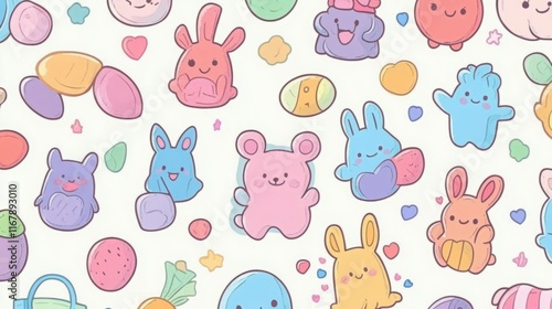 Adorable pastel-colored cartoon characters in a cheerful pattern.