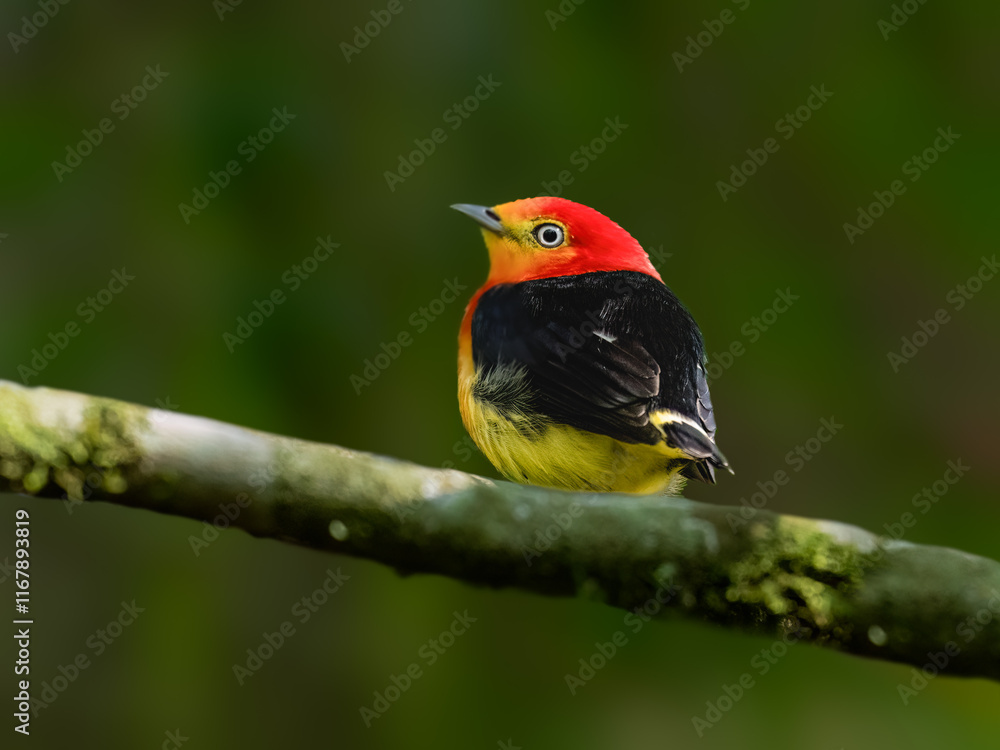 Obraz premium Band-tailed Manakin on tree branch 