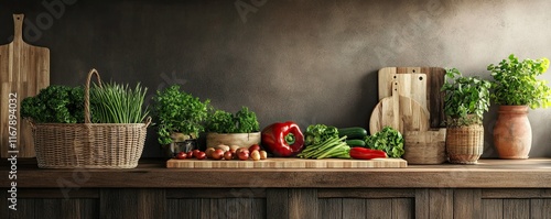 Rustic Kitchen Countertop With Fresh Vegetables and Herbs