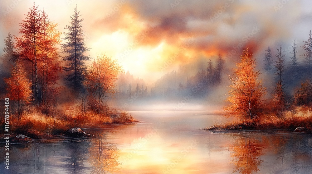 Autumn Tranquility: A serene painting captures the essence of fall, with a misty lake reflecting the warm hues of the setting sun and the vibrant foliage of a forest. Autumn Tranquility: A serene painting captures the essence of fall, with a misty lake reflecting the warm hues of the setting sun and the vibrant foliage of a forest.