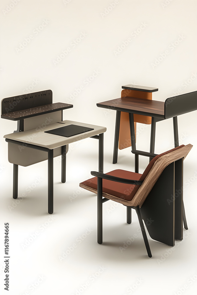 Fototapeta premium Contemporary Graphic-Style Desks and Chairs: A Modern Take on Minimalist Furniture Design