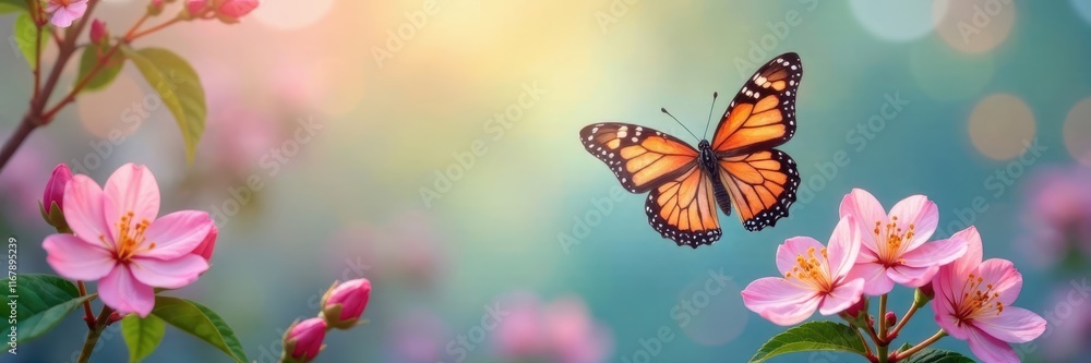 Fototapeta premium Vibrant butterflies flitting among delicate blossoms, pastel hues , blossom, garden
