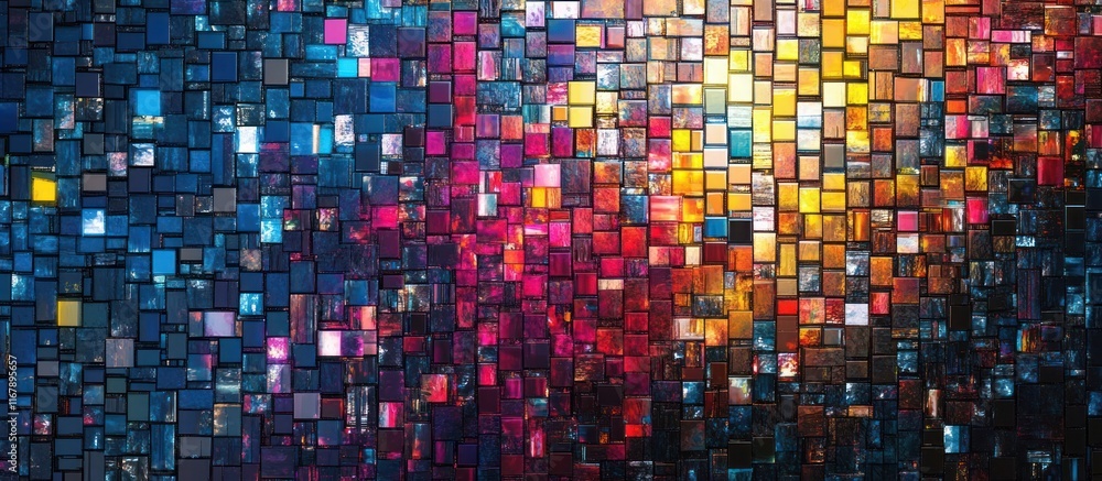 Fototapeta premium A visually stunning abstract background composed of a vibrant mosaic of colorful geometric shapes shimmering glass tiles and prismatic digital patterns