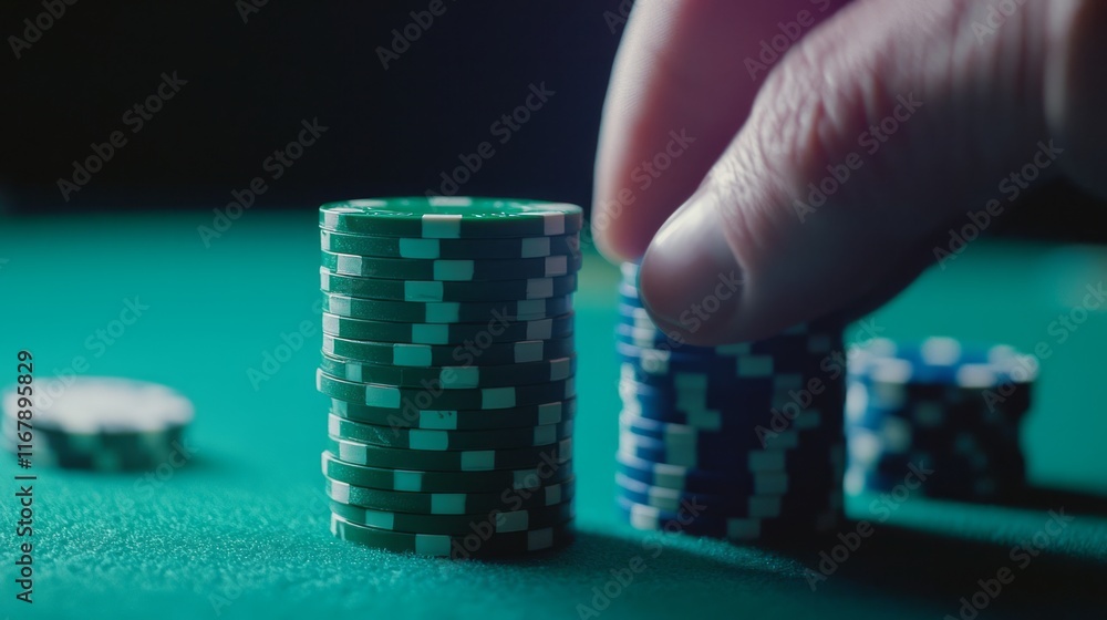 Strategic Stacking: Close-up of Player's Hand Concentrating on Poker Chip Placement in Intense Game Strategic Stacking: Close-up of Player's Hand Concentrating on Poker Chip Placement in Intense Game