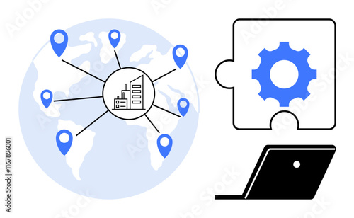 Map with worldwide location markers connecting a central building, alongside a puzzle piece with gear and laptop. Ideal for international, connectivity, business solutions, digital strategies, global