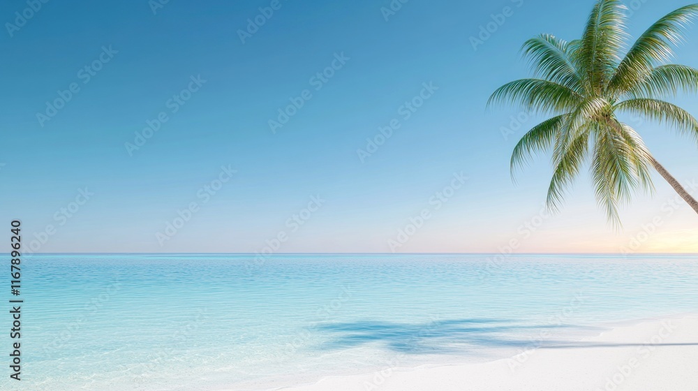 Serene beach scene with a palm tree and calm ocean waters. Serene beach scene with a palm tree and calm ocean waters.