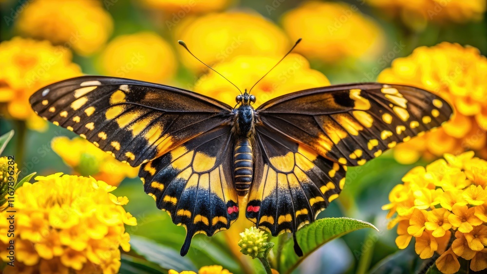Fototapeta premium A black and yellow butterfly hovers near vibrant yellow flowers, wings detailed in a stunning macro shot.