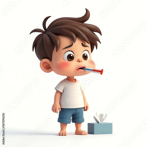 Sick Little Boy with Thermometer 3D Render